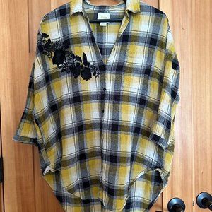 Anthropologie Oversized Embroidered Plaid Shirt Size XS/S